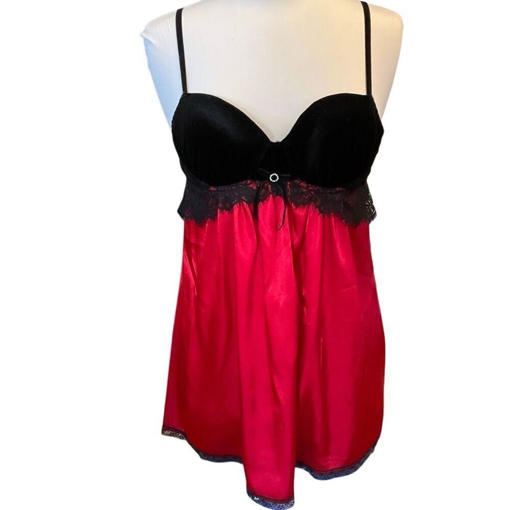 Nightie Camisole Red Satin with Black Lace and Velour Bustier, M